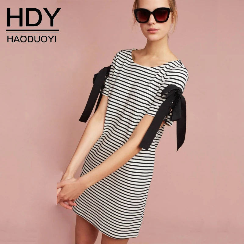 HDY Women's Dress Short Sleeve T Shirt Striped Dress Tie Bow Summer Dresses Black and White Striped Dress Shirt 2019