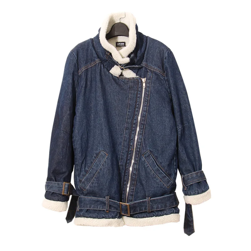

[CHICEVER] 2016 Fashion Solid Wool Liner Long Coats Zipper Loose Denim Cotton Clothing Winter Jacket Women And Coat New