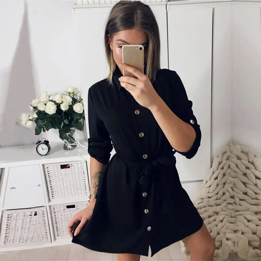 

KANCOOLD dress new high quality Cotton fashion 3/4 Sleeve Black Button Dress Loose Belt Short Mini dress women feb11