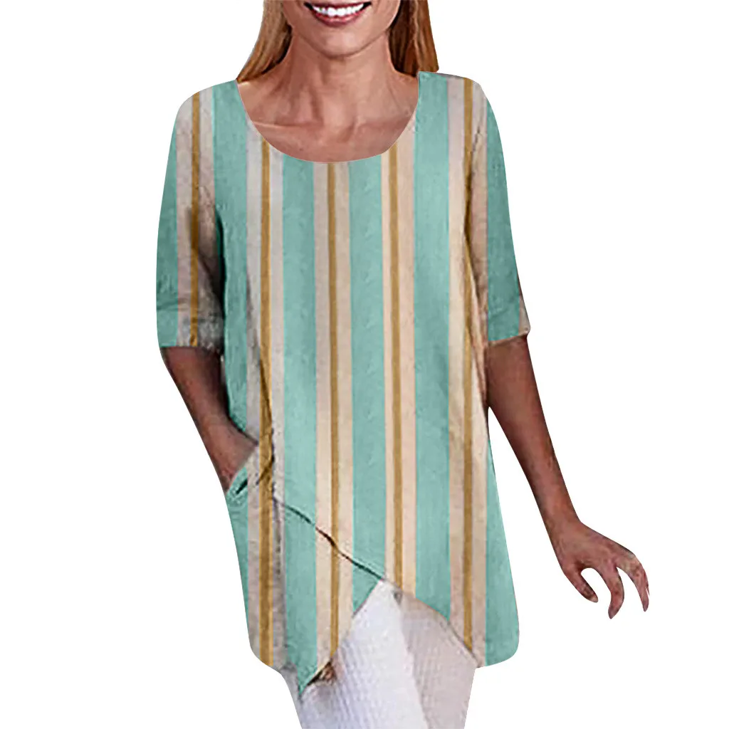 

Women Stripe Printing Plus Size Irregularity Half Sleeve Tops Loose