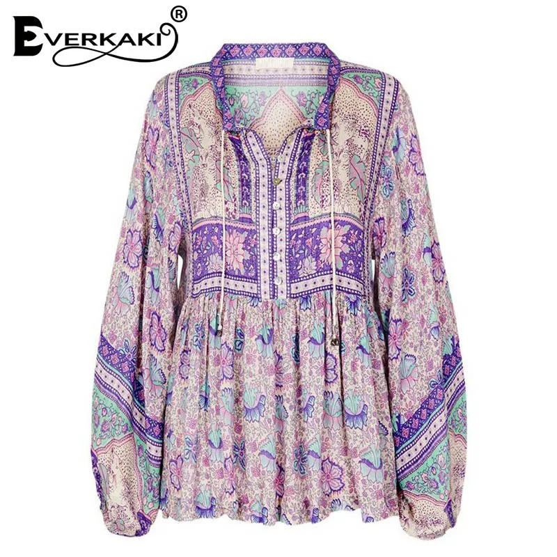 Everkaki Boho Gypsy блузка с принтом, женские топы, хлопок, пуговицы, рукав-фонарик, шея, завязанная, сиреневая, богемная блузка, женская,, весна, Новинка - Цвет: Purple