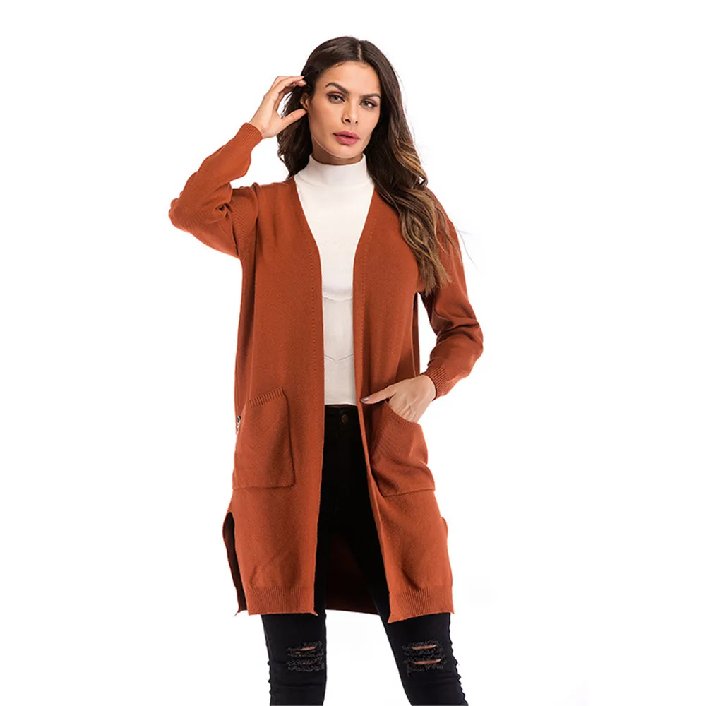 Autumn and Winter New Jacket Women's Long Cut Knit Cardigan Double Pocket Solid Color Outerwear Coats