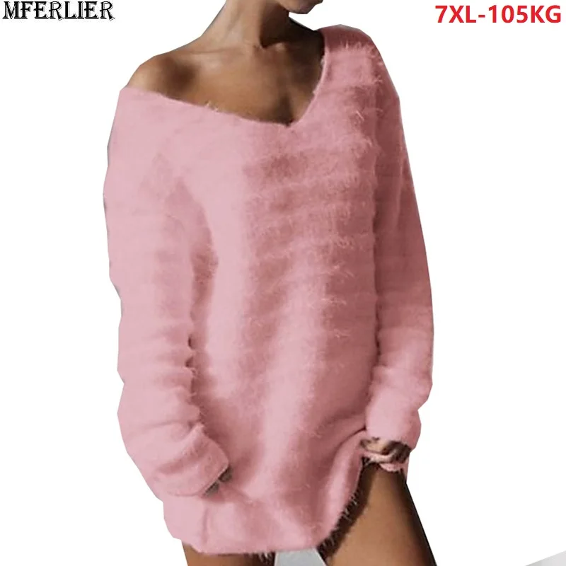 

autumn plus size big 5XL 6XL 7XL women striped sweater pullover loose Sexy Female sweater v-neck black pink light tops 42 44 46
