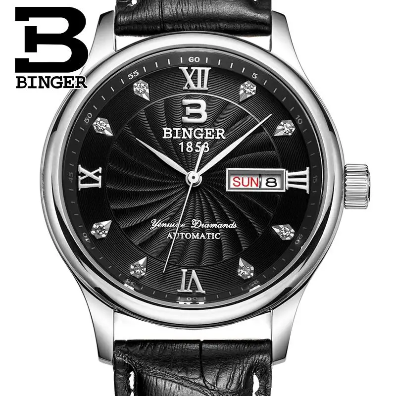 Switzerland men Wristwatches luxury brand watches BINGER luminous Quartz Wristwatches leather strap Waterproof B603B 9