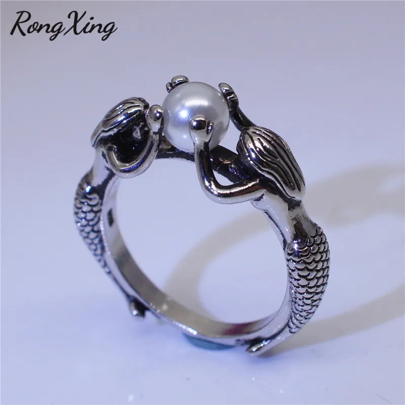 RongXing винтажные серебряные белые жемчужные кольца русалки для женщин антикварные