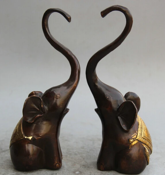 

JP S0522 9" Chinese Bronze Gild Folk Fu Wealth Auspicious elephant Statue sculpture Pair B0403