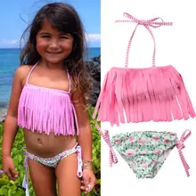 Детский купальный костюм из 2 предметов с кисточками для маленьких девочек, купальник с открытой спиной, однотонный купальный костюм Пляжная одежда с низкой талией, комплект бикини с бантом для малышей