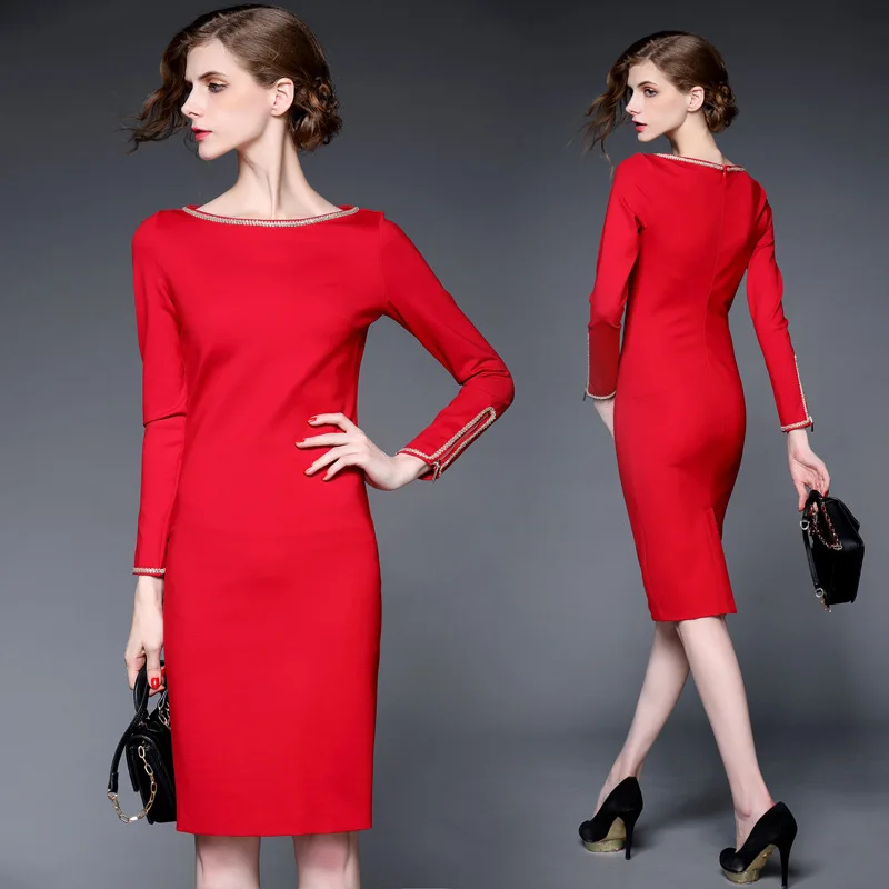 Новые высококачественные, весенне-осеннее платье, женская одежда с длинным рукавом, модное Повседневное платье, XL, зимнее элегантное красное платье-карандаш