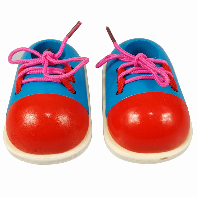 2Pcs Kids Montessori Educatief Houten Speelgoed Tie Schoenen Lace Up Schoenen Speelgoed Peuter Vetersluiting Schoenen Early Educatief Speelgoed