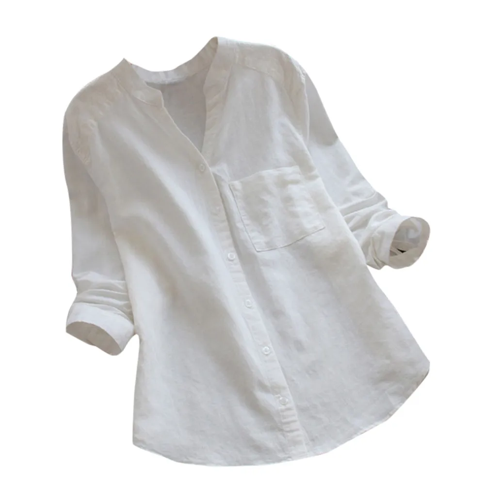 Летняя женская Свободная блузка, рубашка, однотонная, для девушек, лен, хлопок, длинный рукав, на пуговицах, Повседневная рубашка для женщин, blusas mujer de moda 36 - Цвет: Белый