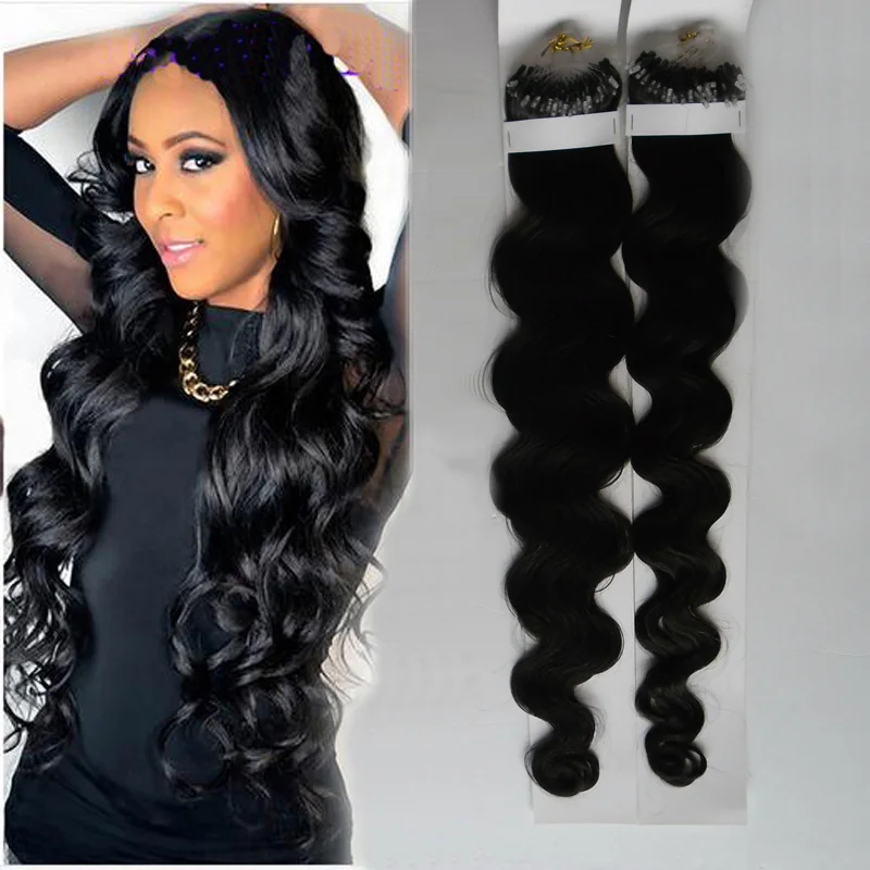 1 Jet Black 1b Natural Color Black Brazilian Body Wave Micro Loop Hair Extensions 200g 200s