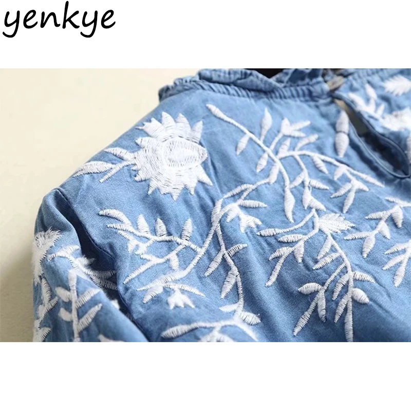 Vintage Blue Tencel Denim Blouses Women O Neck Three-Quarter Sleeve Floral Embroidered Shirt Plus Size Summer Tops Vintage Blue Tencel Denim Blouses Women O Neck Three-Quarter Sleeve Floral Embroidered Shirt Plus Size Summer Tops