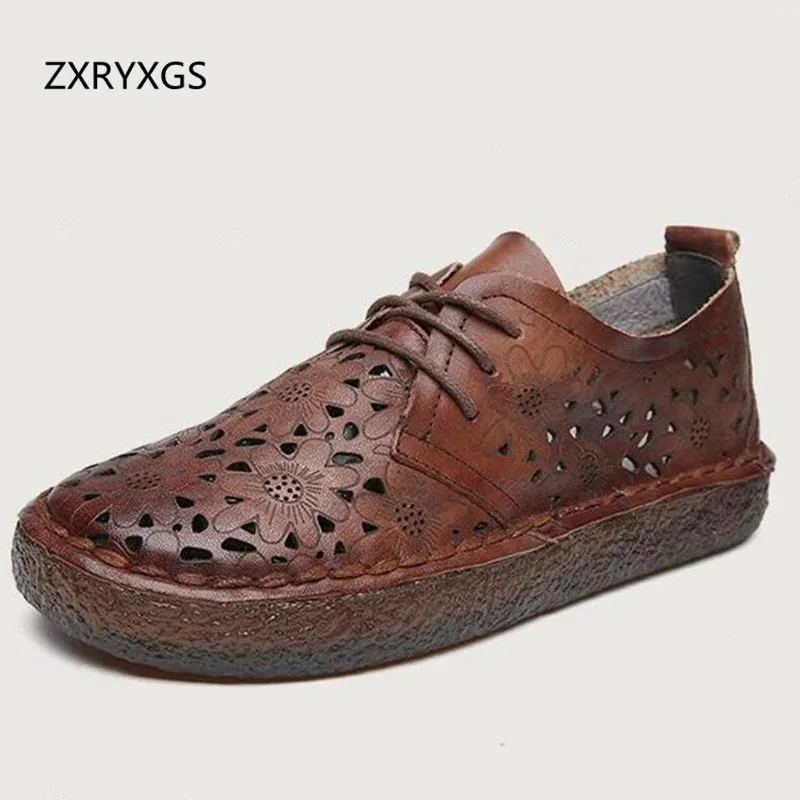 

ZXRYXGS brand shoes lace Breathable comfortable women flat shoes 2018 spring summer retro handmade soft real leather shoes flat