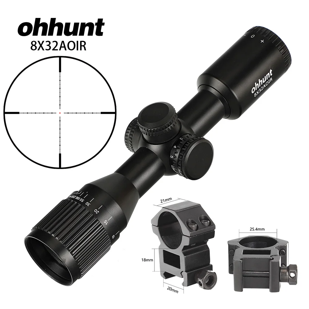 Охота ohhunt 8X32 AOIR компактные тактические оптические прицелы Mil Dot с подсветкой Стекло гравированное сетка башенки сброс оптики прицел - Цвет: with-Picatinny Rings