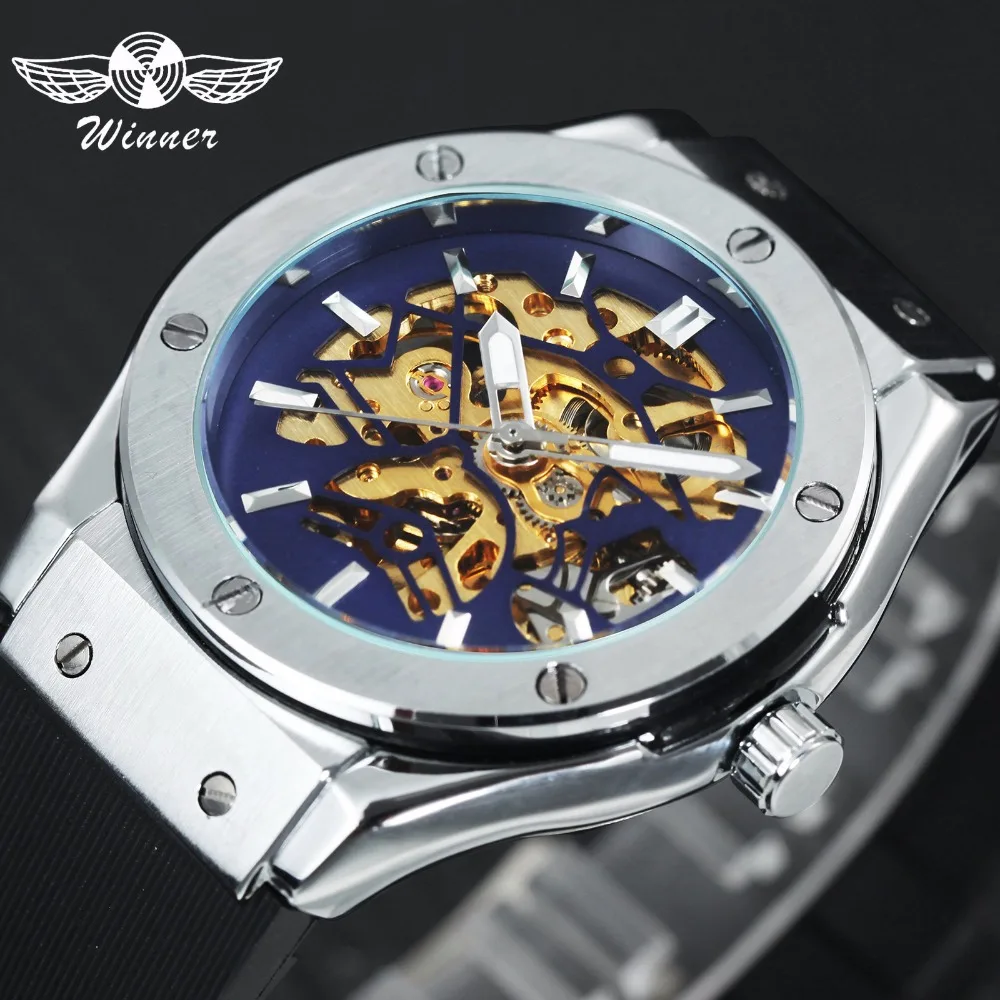 

WINNER Official Steampunk Automatic Watch Men Skeleton Mechanical Military Watches Rubber Strap Luxury Brand Hip Hop Wristwatch