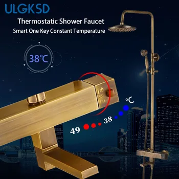 

ULGKSD Bathroom Shower Faucet Set Antique Brass Wall Mounted Thermostatic Valve Mixer Tap Para Bath Shower Faucets