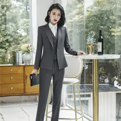 Высокое качество формальный Серый Блейзер женские деловые костюмы 3 шт брюки, куртка и костюмы с жилетом рабочая одежда для женщин