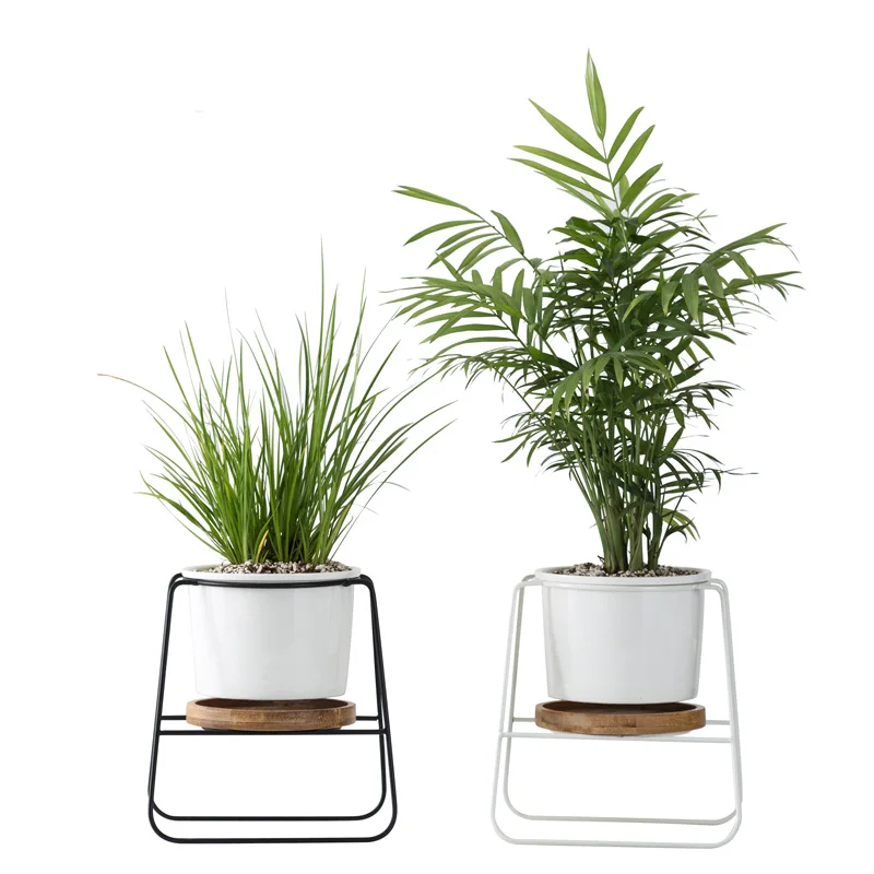 

Nordic Minimalist Flower Pots Ceramic Flowerpots Iron Stand Holder Bamboo Tray Garden Balcony Desktop Geometric Cactus Planter