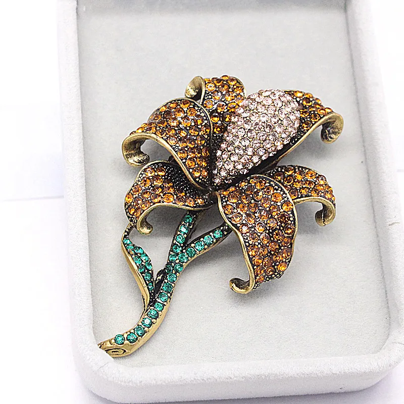 

Ajojewel Luxury Bridal Wedding Color Crystal Rose Flower Brooch Pin Antique Golden