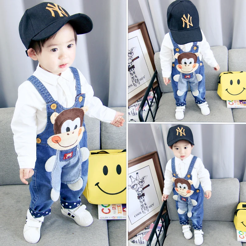 

Children's trousers bib denim trousers baby jeans thin section open bib pants spring thin pants men and women baby jeans