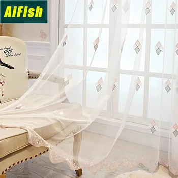 

Embroidered Geometric Design Plaid Voile Tulle Curtains for Balcony Lattice Lace Sheer Curtain Fabric for Living Room M109T3