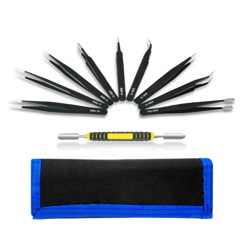 6Pcs/10Pcs ESD Tweezers Tools Kit Precision Antistatic Tip Curved Straight Stainless Steel Tweezers Nipper Repair Tool New