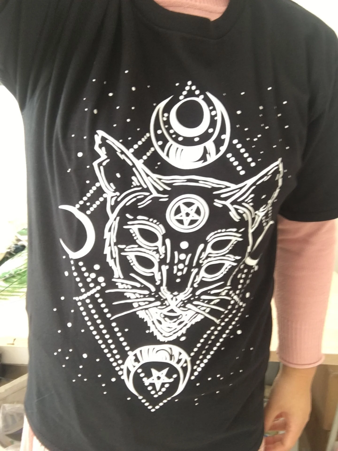 

sunfiz YF Summer Fashion Black T-shirt Tees GALAXY CAT&Star Moon Gothic with a Moon Cat Prints Women Black T shirt