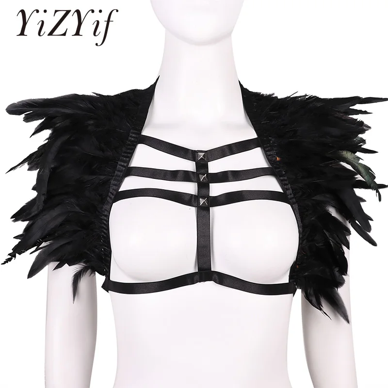 

Women Punk Gothic Feather Harness Bra Lingerie Elastic Adjustable Straps Bralette Top Epaulette Shoulder Wing Goth Rave Costumes