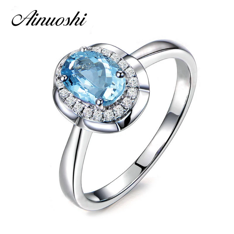 

AINUOSHI 2 Carat Oval Gem Halo Ring Oval Cut Natural Blue Topaz Flower Ring Pure 925 Sterling Silver Trendy Female Jewelry Gift