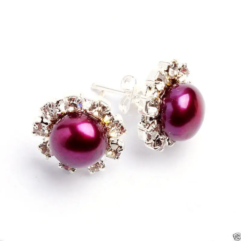 

Free shipping Natural 8-8.5mm Fuchsia Freshwater Pearl Crystal Silver Plated Stud Earring