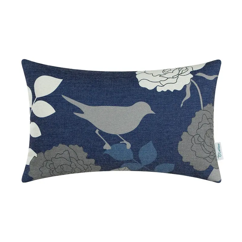 1096 Calitime Oreillers Décoratifs Coque Housse De Coussin Accueil Canapé Floral Bleu Marine Sol Gris Oiseau 12