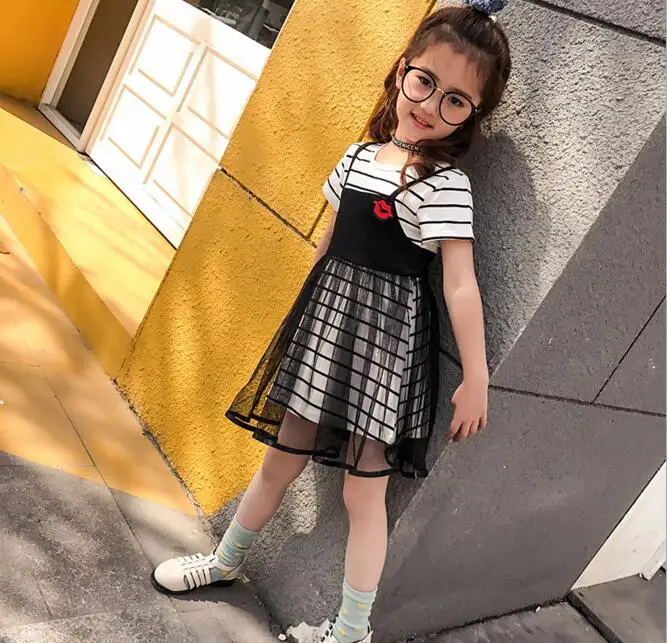

Girls Summer Red Lip Striped Printed Mesh Net Yarn Dress Children Fake Two Pieces Casual Dress Students Kids Causal Dress