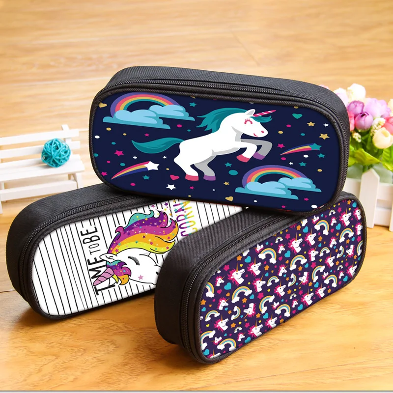 

Free shipping Creative cute Unicorn Fabric Zipper Multipurpose Pencil Case Kawaii Large Space Pen Bags For Kids School Supplies
