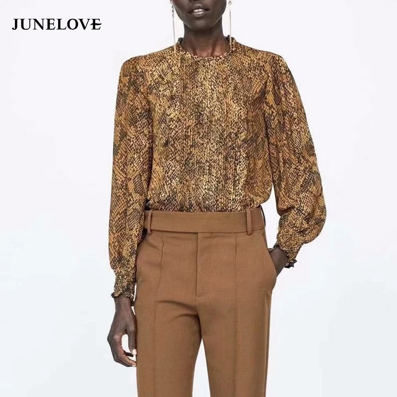 

JuneLove Women Spring Lace Up Bow Blouse Vintage Female Snake Animal Print Blouse Casual Retro Lady Loose Blouse Tops For Women