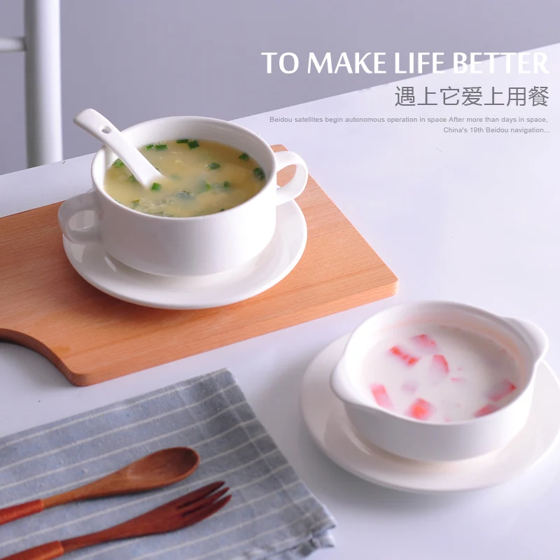 Creative restaurant ceramic tableware white soup cup ears font b salad b font bowl of stew