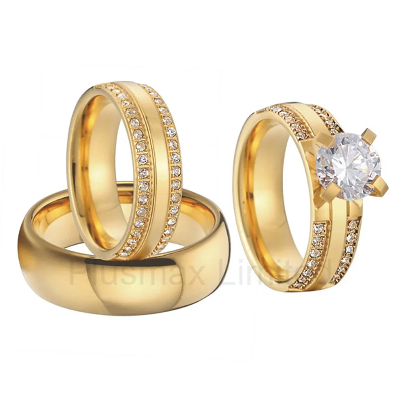 china wholesaler beautiful custom gold color 3 pieces titanium steel couples wedding band engagement rings sets - Beautiful Wedding Ring china wholesaler beautiful custom gold color 3 pieces titanium steel couples wedding band engagement rings sets - Beautiful Wedding Ring