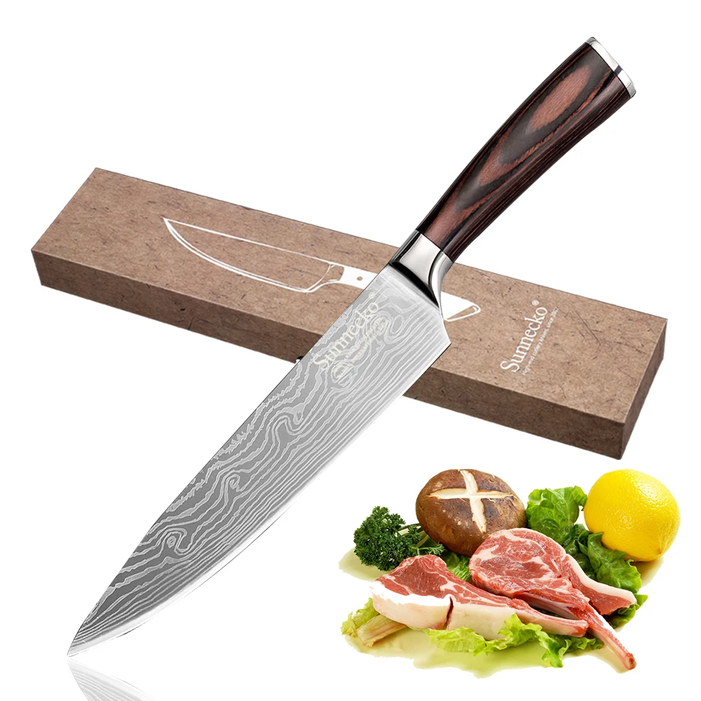 

SUNNECKO Professional 8" Chef Kitchen Knife Stainless Steel Blade Mirror Laser Pattern Sharp Meat Chef Knives Pakka Wood Handle