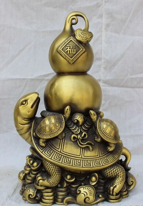 

14" Chinese Bronze Wealth RuYi Fu Gourd On Longevity Shou Sea Turtle Statue
