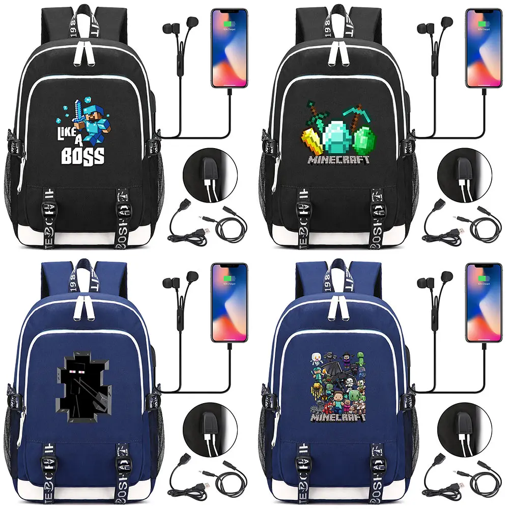 

Hot Games MineCraft Like a Boss Plaid USB Headphone Jack Boy Girl School bag Women Teenagers Canvas Men Laptop Backpack Packsack