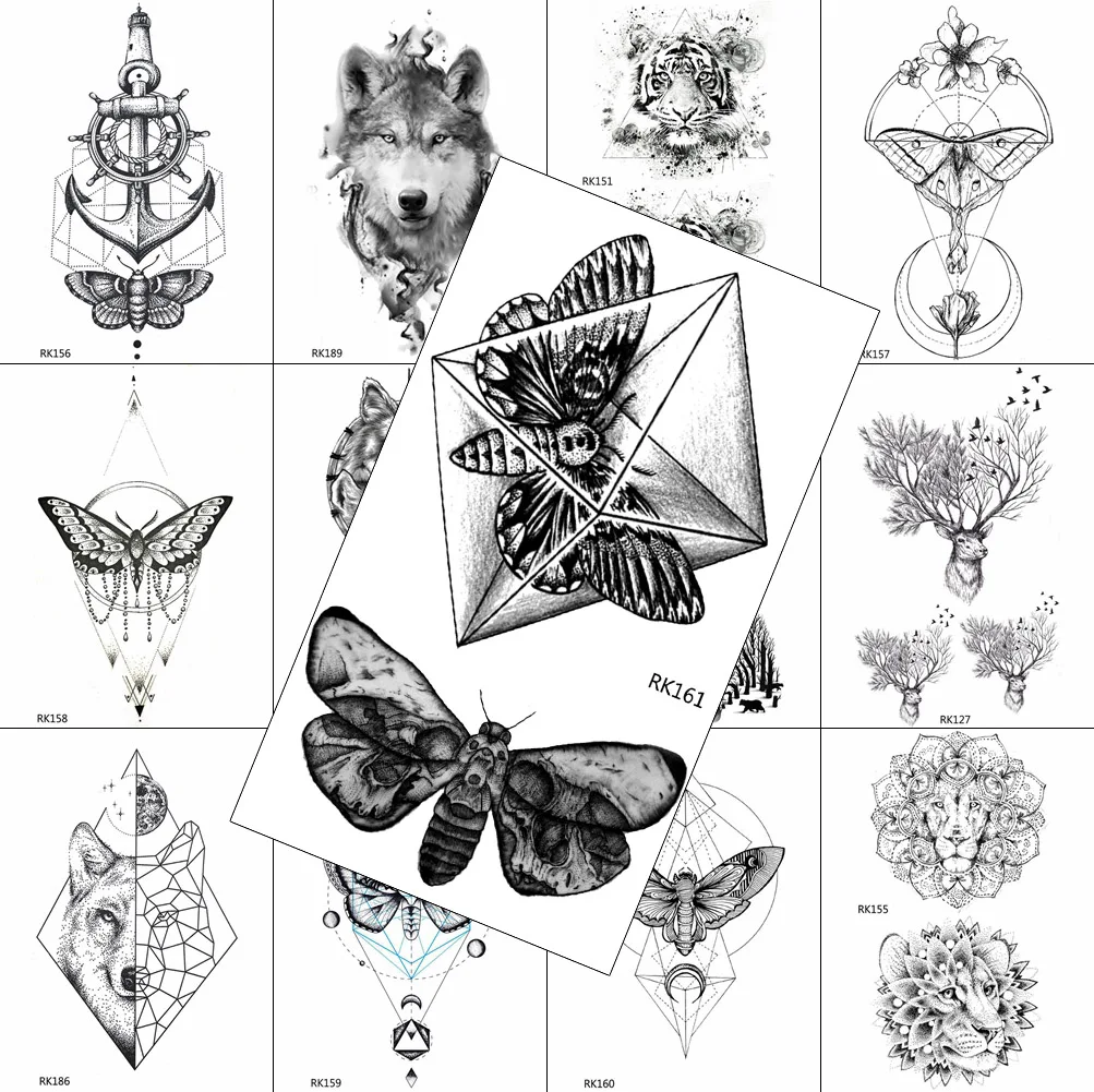 

Black Geometric Butterfly Temporary Tattoos Fake Waterpoof Realistic Sheets Sticker Body Art Arm Legs Chest Tattoos For Women