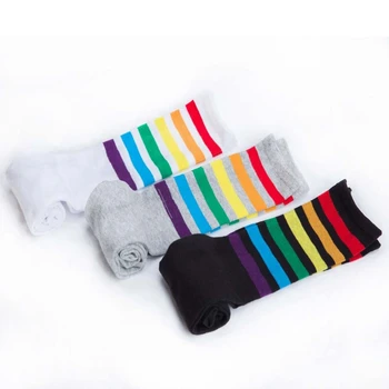 

Women Students Winter Rainbow Striped Print Over Knee High Crew Socks
