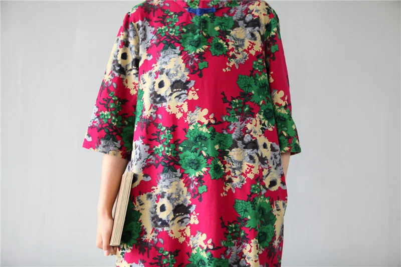Женское винтажное платье со стоячим воротником, хлопок, лен, повседневное, лето, новое, с цветочным принтом, с рукавом три пуговицы, китайский стиль, Cheongsam