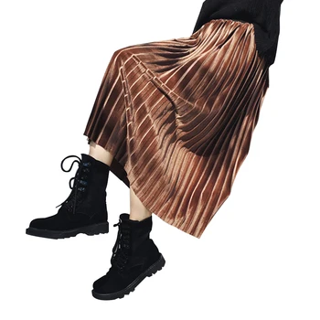 

2018 Autumn Winter Female Korean Version Long Retro Gold Velvet Skirt Women Chic High Waist Elastic Pleated Midi Skirt