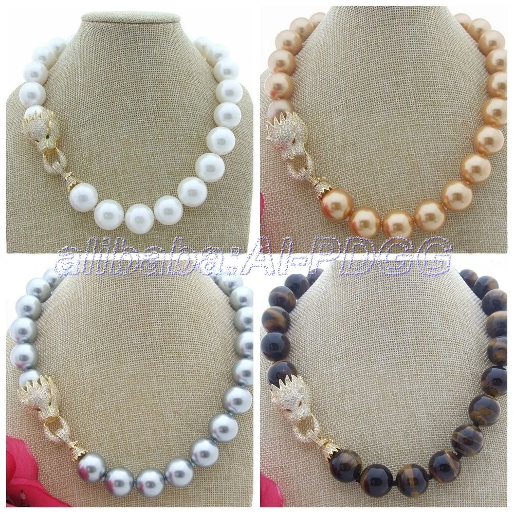 

20" 18MM Sea Shell Pearl Tiger Eye Necklace Cz pave Clasp