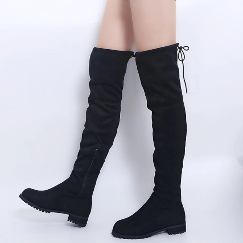 

Women Black Over Knee Short Plush Boots zipper Flock Long Boots Autumn Winter Ladies Fashion Warm Chunky Work Boots Snow Shoes