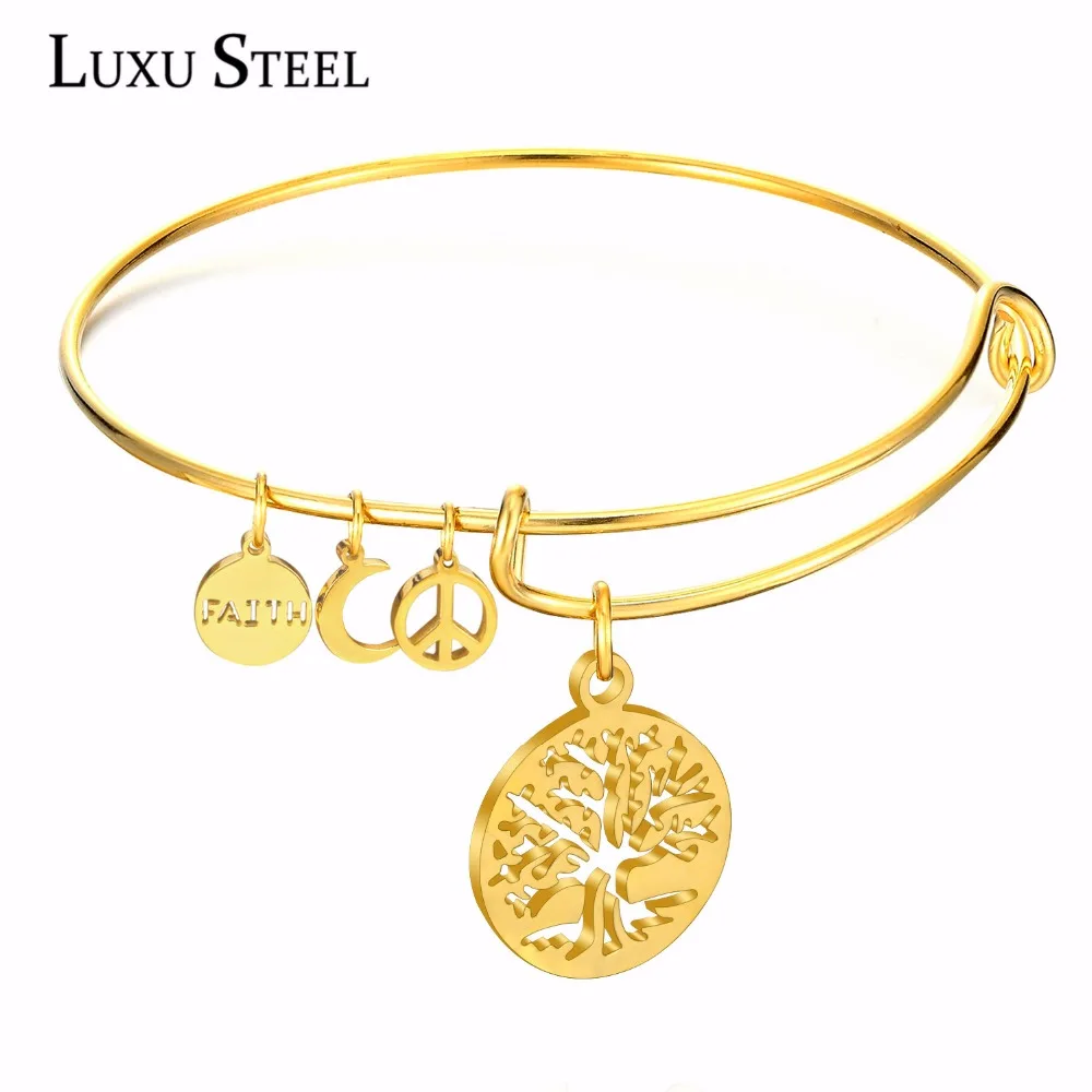 

LUXUSTEEL Dropshipping Expandable Wire Bangle Gold Color Tree Pendants Stainless Steel Adjustable Bracelets Bangles For Women