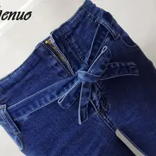 Темно-синие расклешенные джинсы женские Джинсовая ткань брюки винтажная женская одежда осенние брюки с высокой талией джинсы-стретч с поясом