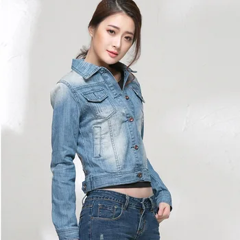 

2018 new arrival autumn and winter turn down collar cotton denim jacket women vintage slim short jeans jackets free shipping