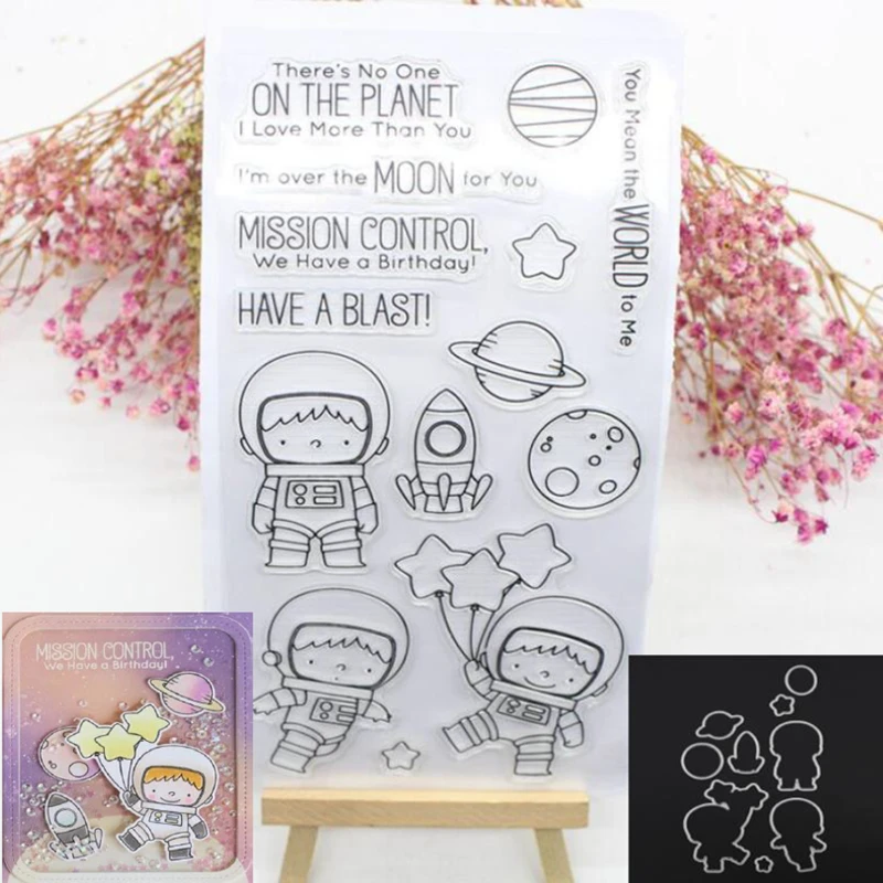 

Astronaut Cosmonaut Metal Cutting dies and Clear Stamp Set for DIY Scrapbooking Photo Album Decoretive Embossing Stencial