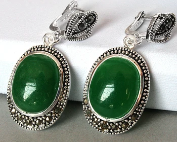 

VINTAGE 925 GREEN MARCASITE DANGLE HOOK EARRING 11/2" STONE